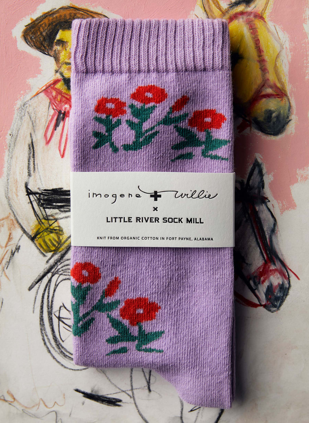 a purple sock with flowers on it