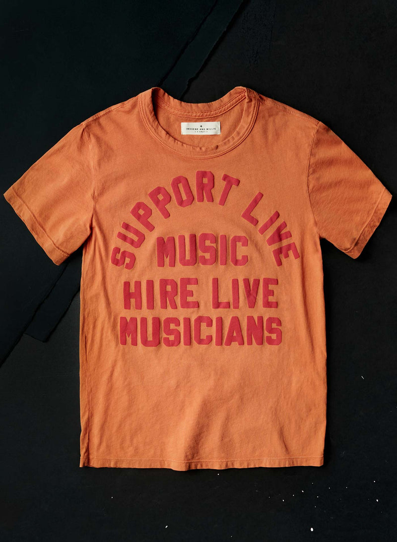 the "support live music" tee in orange