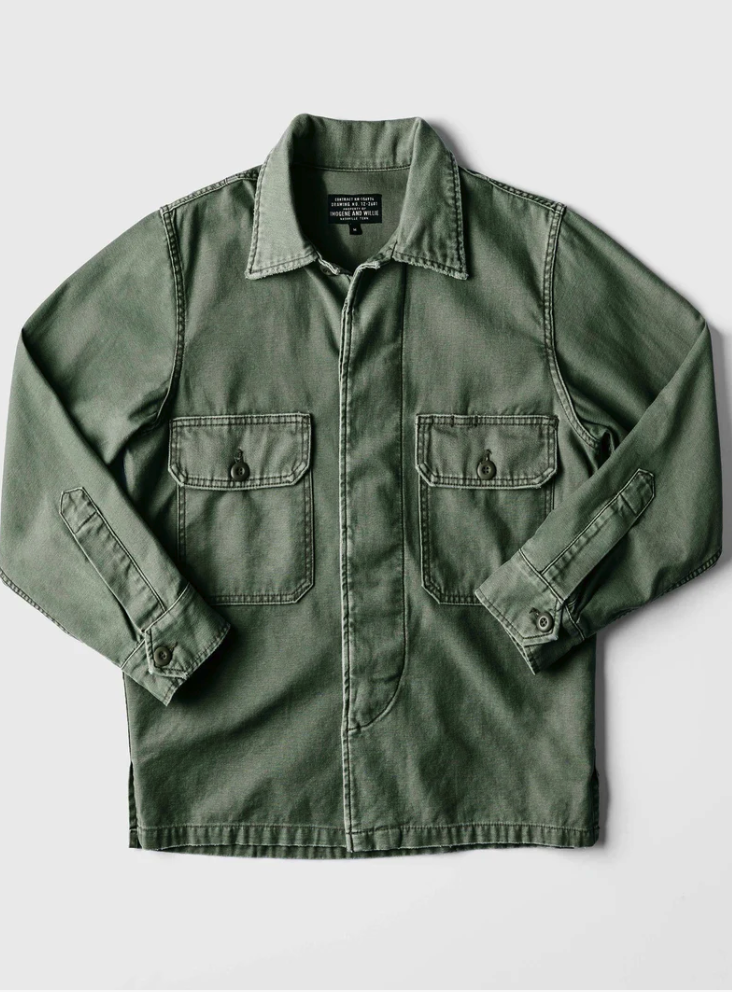 military shirt jacket in fatigue green