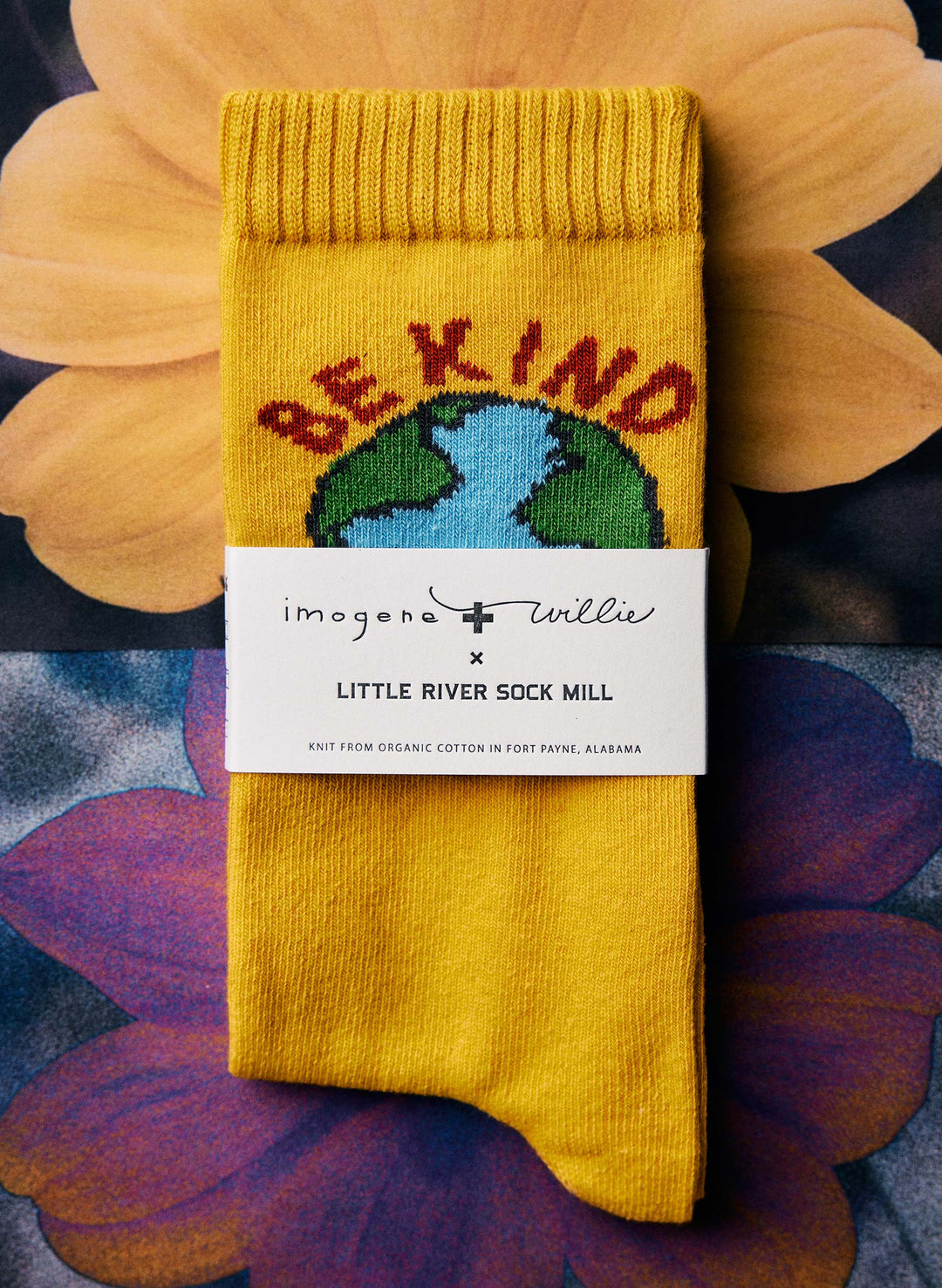 a yellow sock with a white label on it