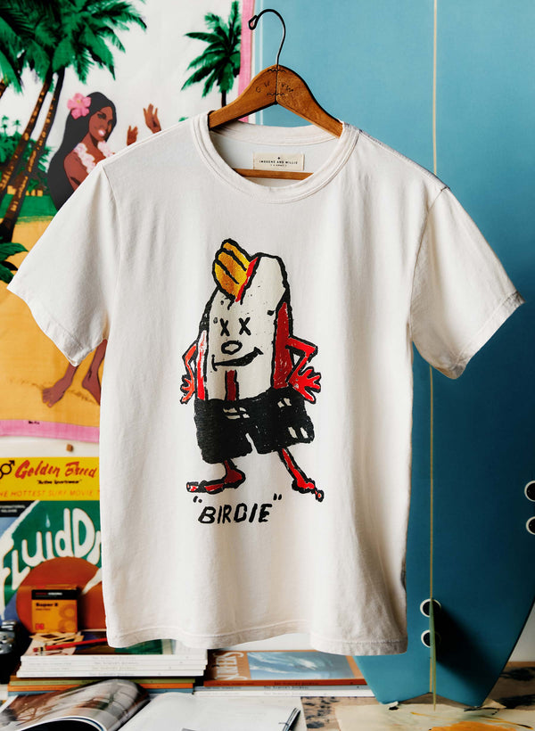 a white shirt with a cartoon on it