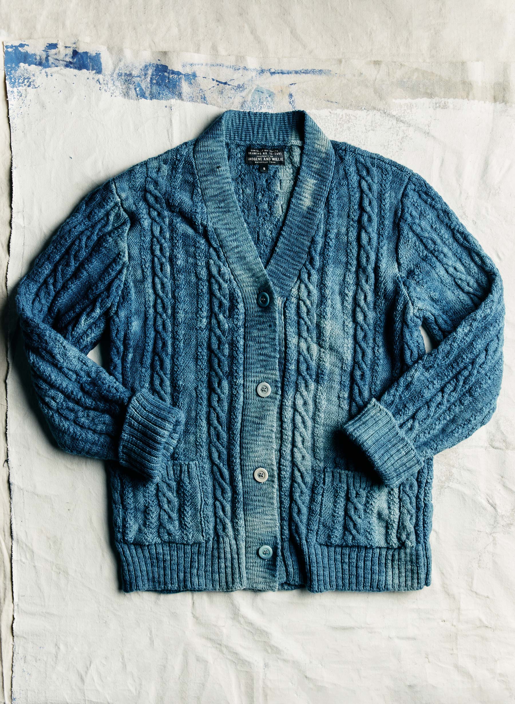 the cable knit cardigan in hand-dipped indigo – imogene + willie