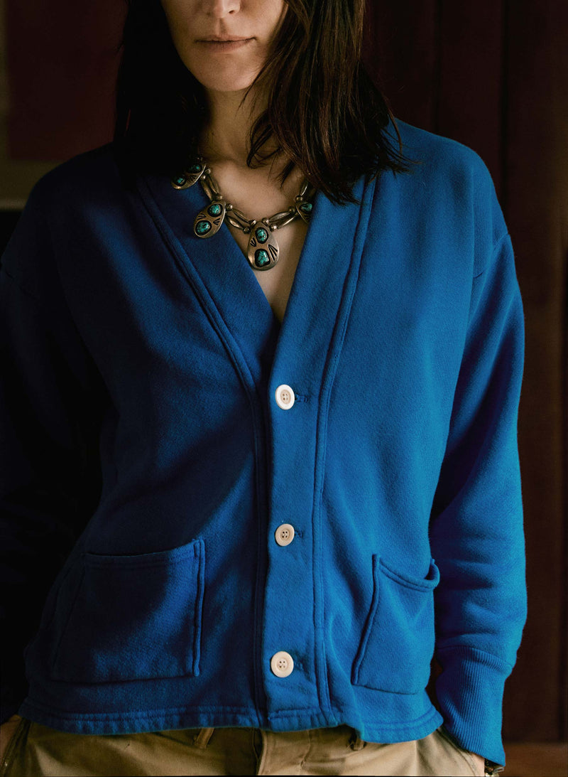 knit fleece cardigan in klein blue