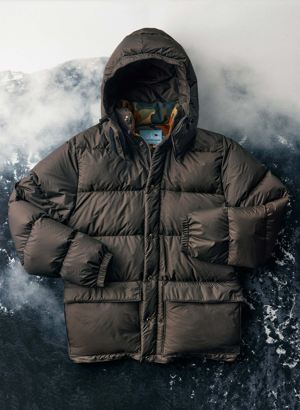 i+w x crescent down works camo lined parka – imogene willie