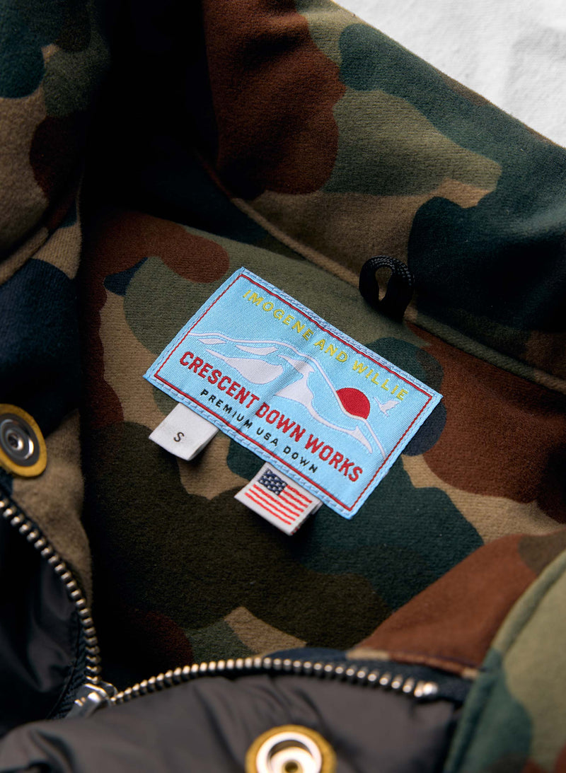 i+w x crescent down works camo lined parka