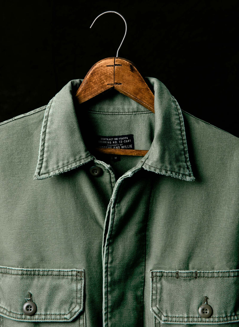 military shirt jacket in fatigue green - Model