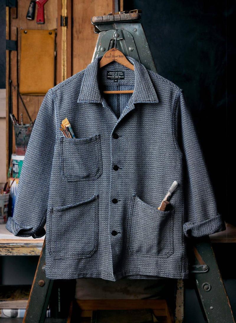 the painters coat in indigo cream sashiko