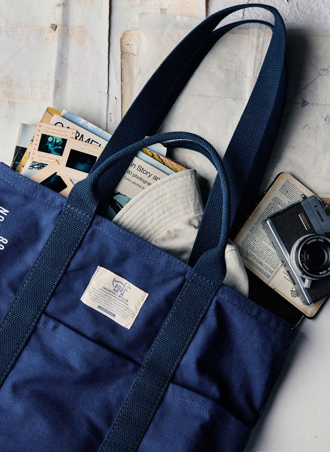 a blue bag with a camera and books