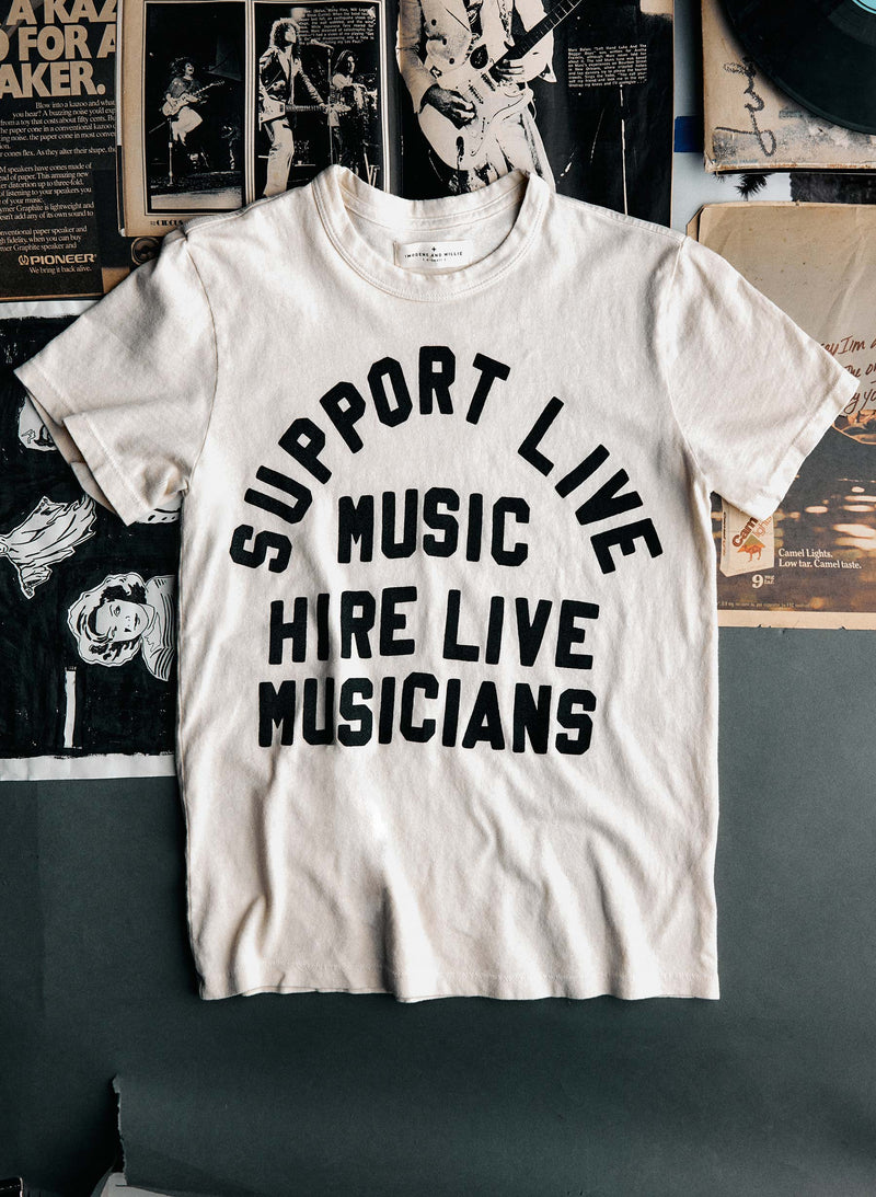 the "support live music" tee in vintage white