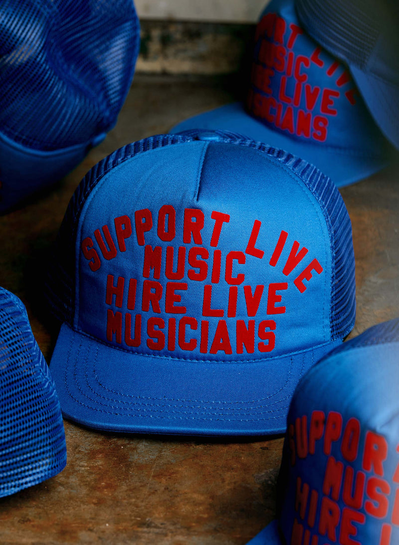 the "support live music" trucker in blue - Model