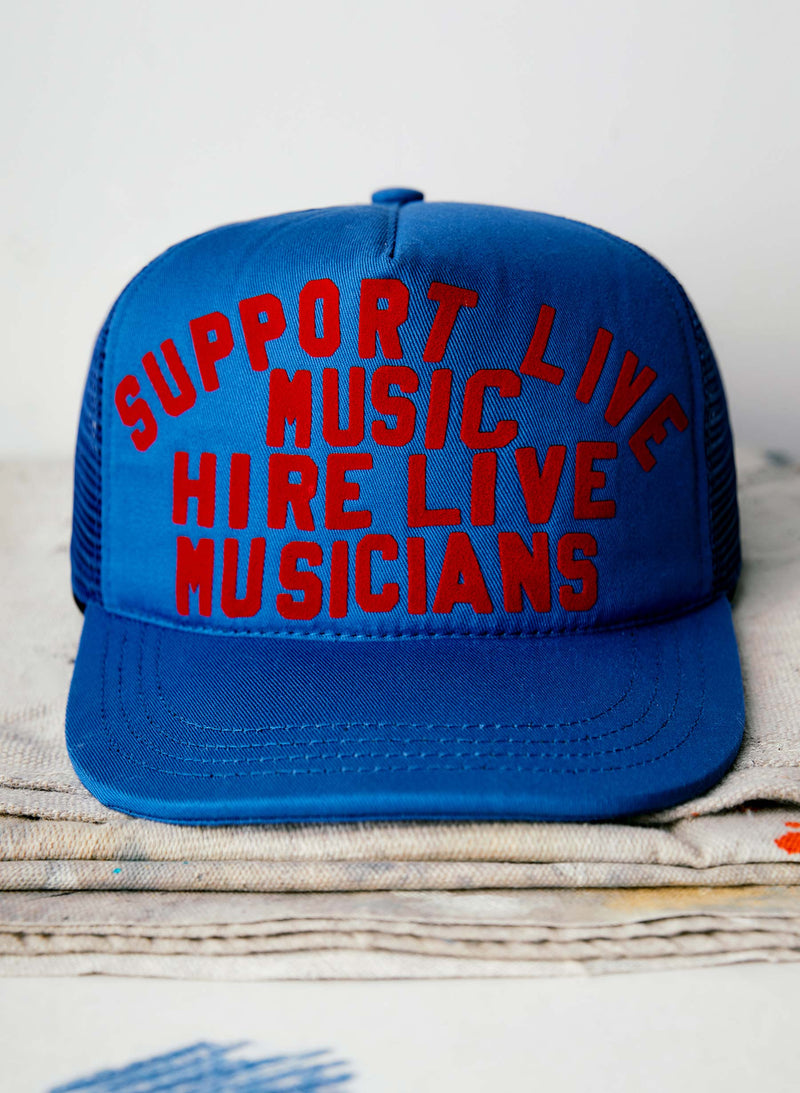 the "support live music" trucker in blue