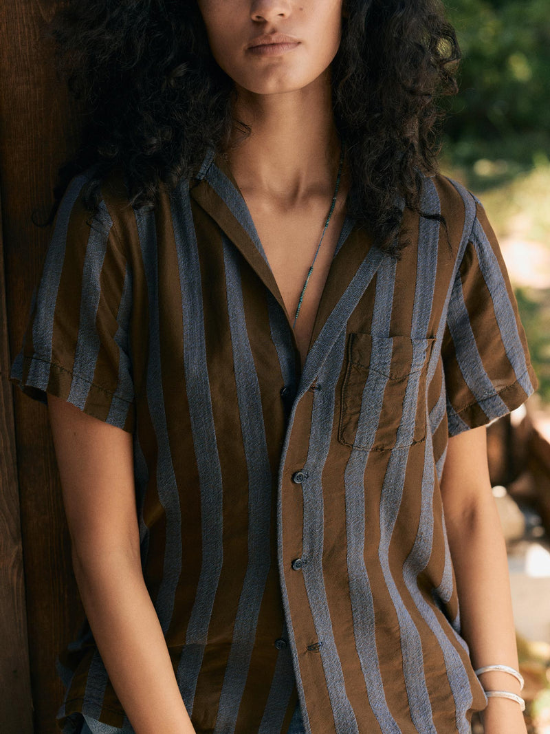 the sunfair shirt in indigo jacquard stripe