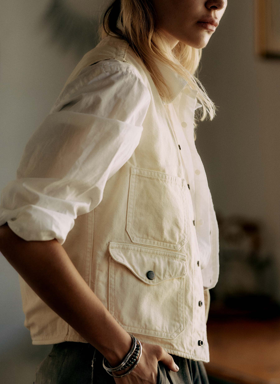 a woman in a white shirt