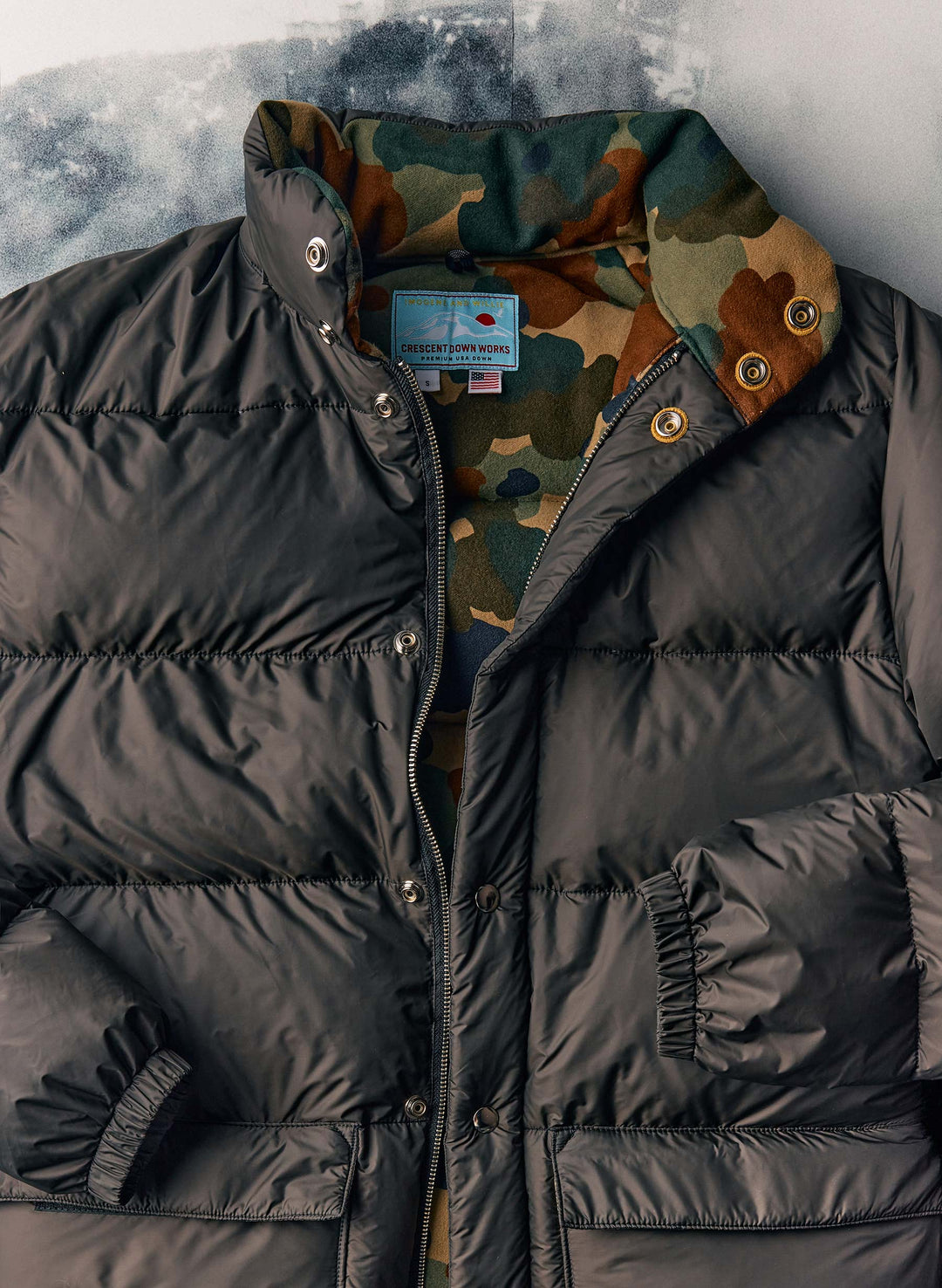 a jacket with a camouflage print lining