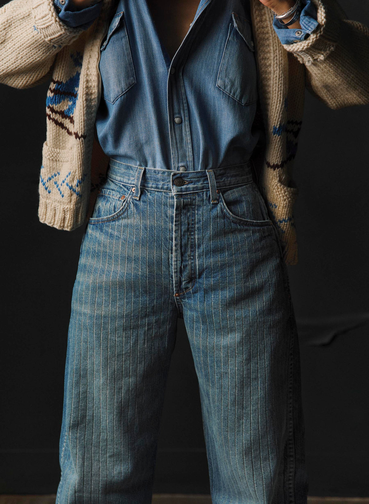 the buckleback jean in washed indigo stripe