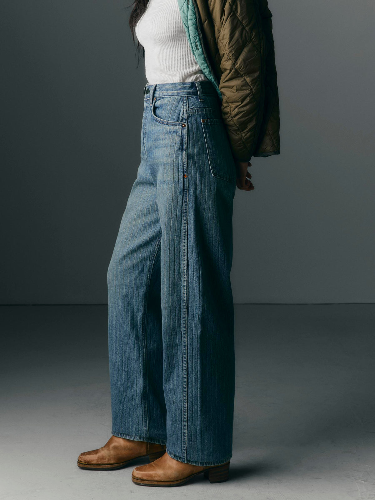 the buckleback jean in washed indigo stripe