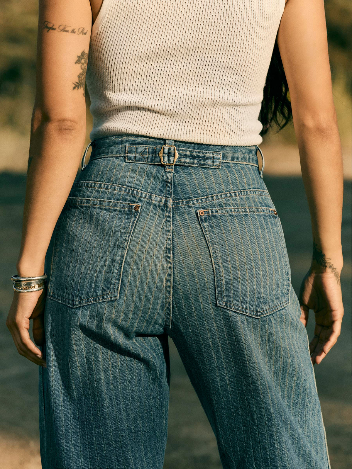 the buckleback jean in washed indigo stripe