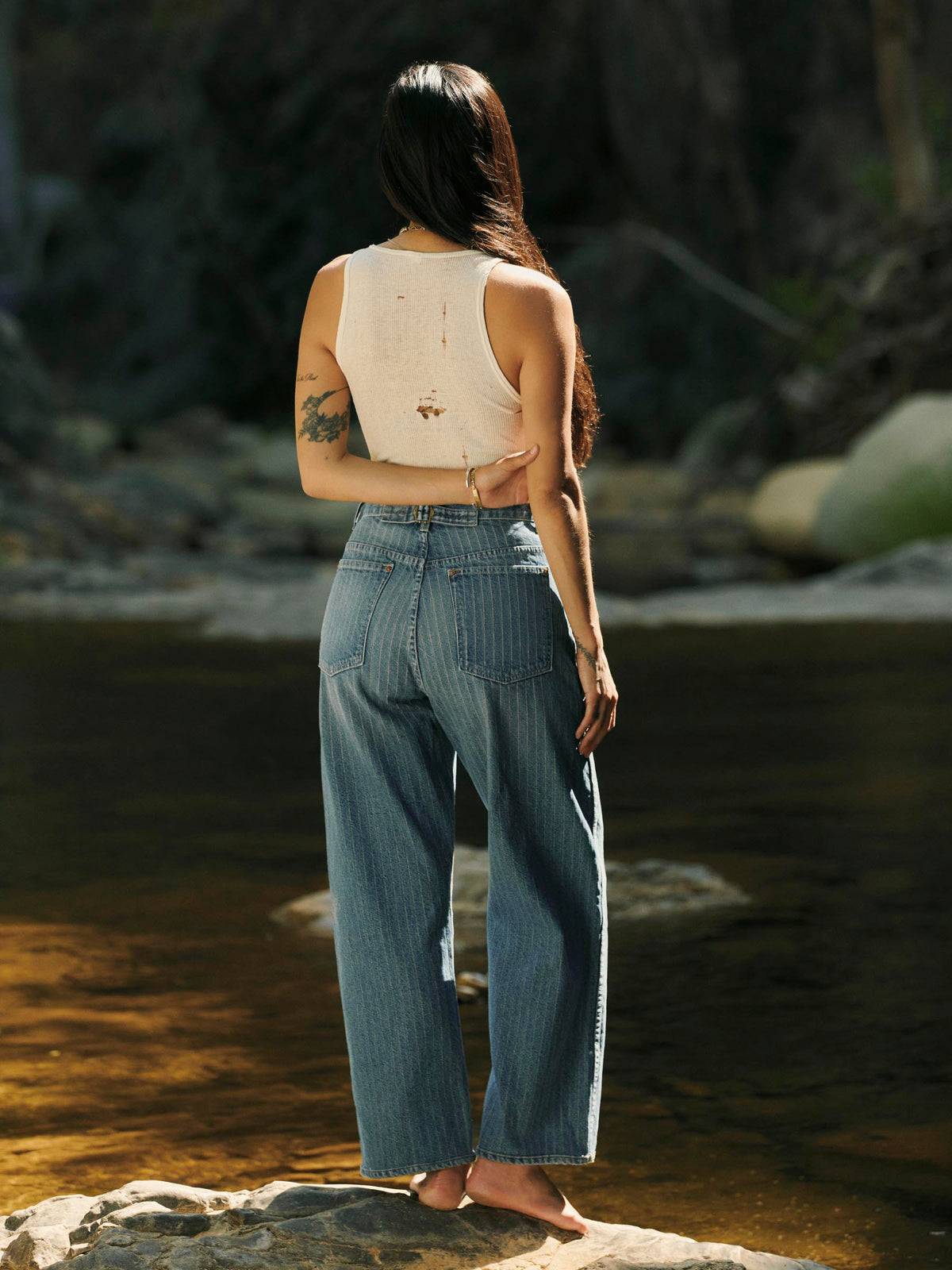 the buckleback jean in washed indigo stripe