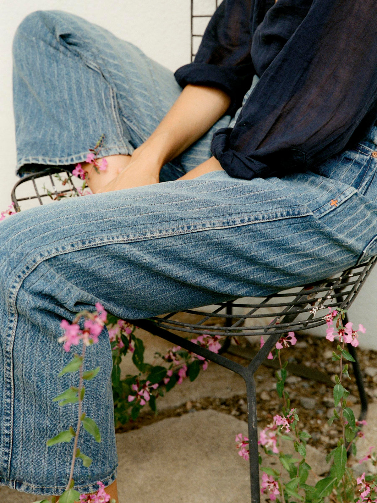 the buckleback jean in washed indigo stripe