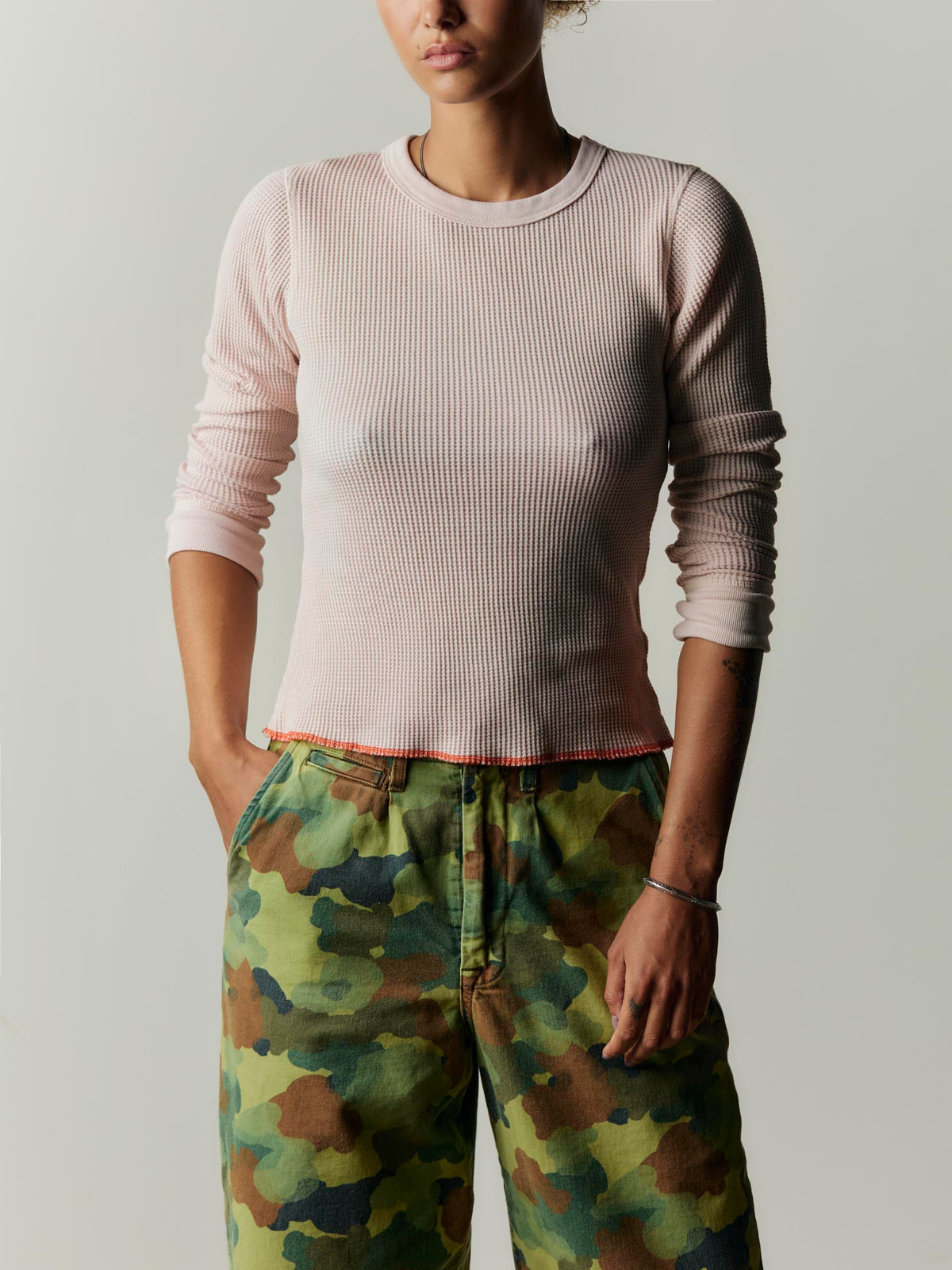 long sleeve waffle thermal in pink stone