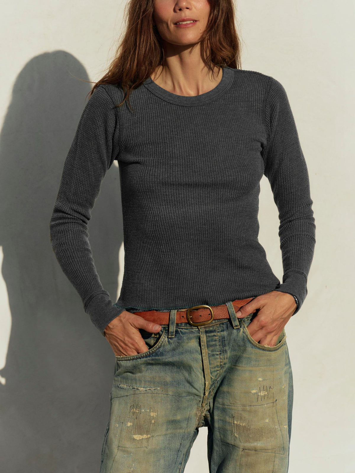long sleeve waffle thermal in charcoal
