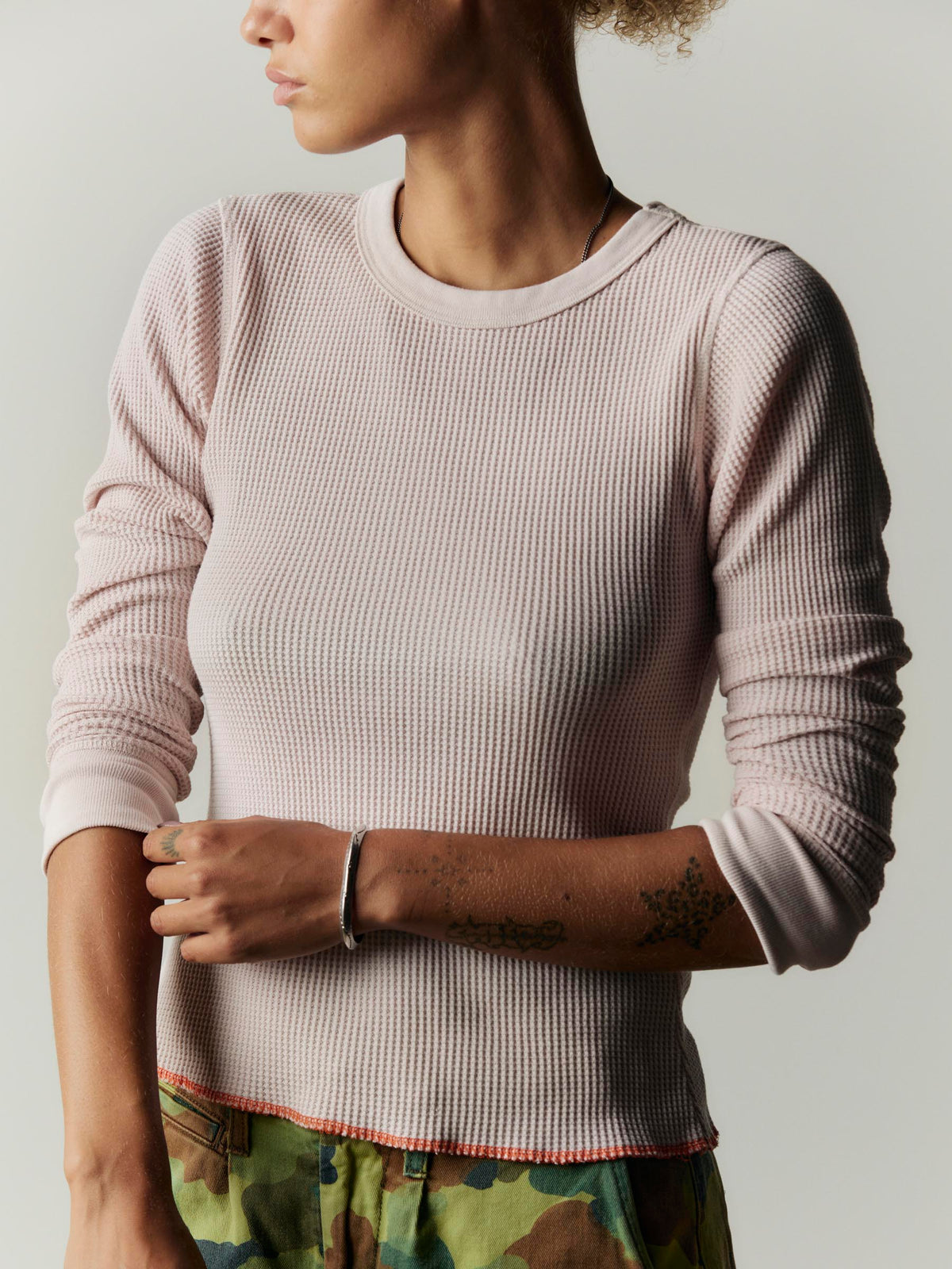 long sleeve waffle thermal in pink stone