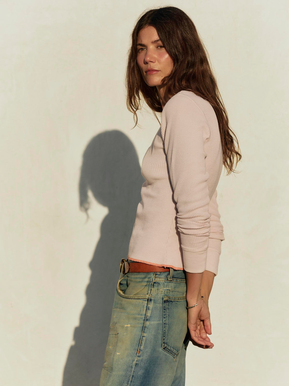 long sleeve waffle thermal in pink stone