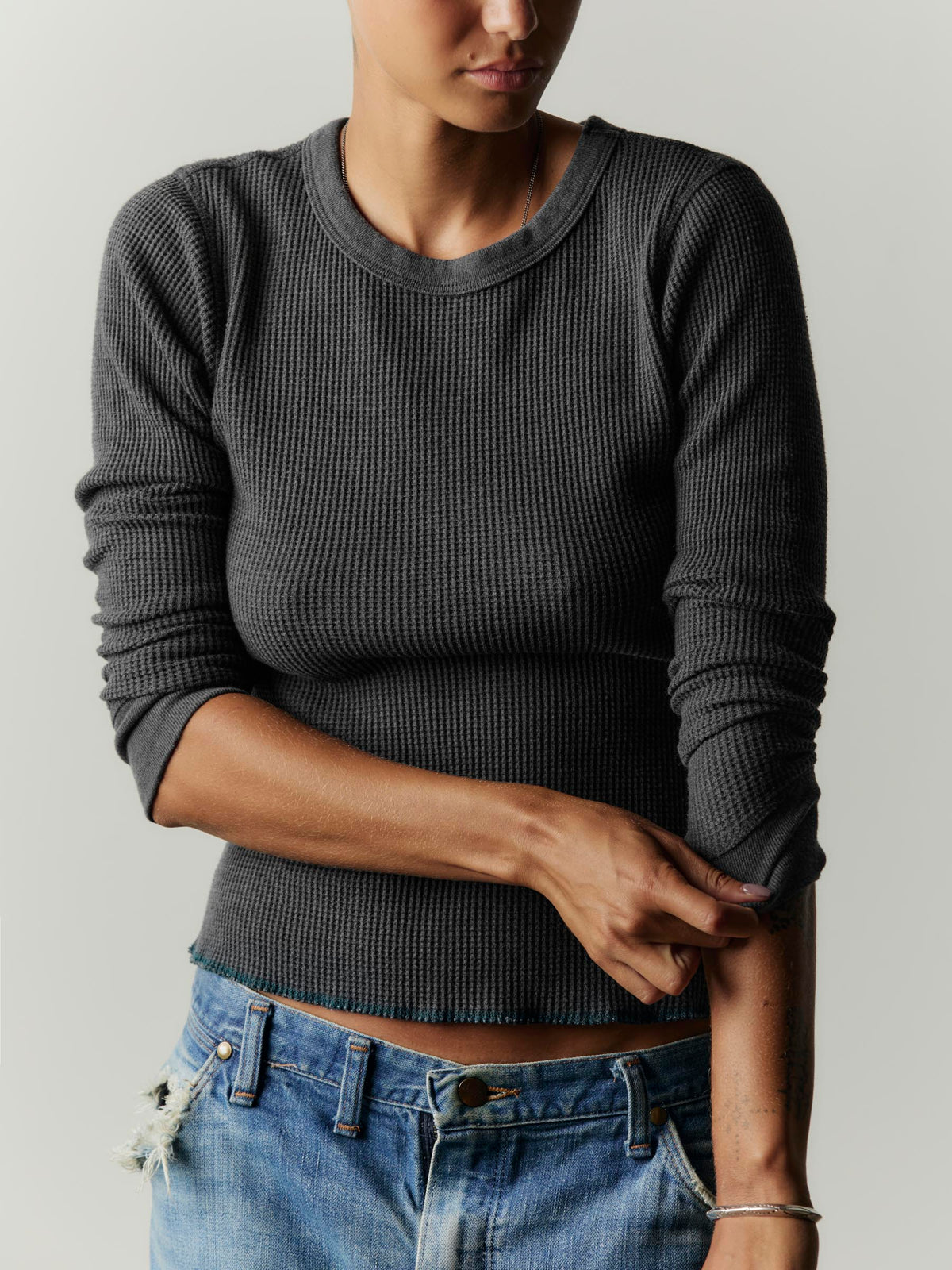 long sleeve waffle thermal in charcoal