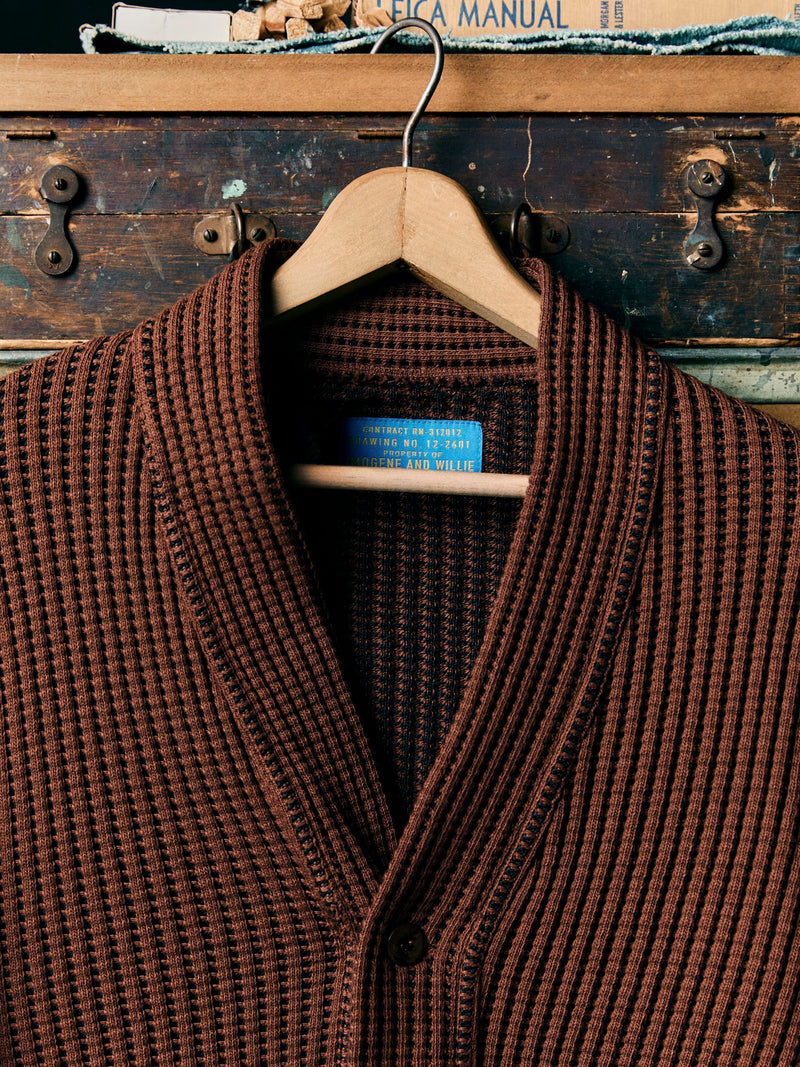 knit waffle cardigan in brown - Model