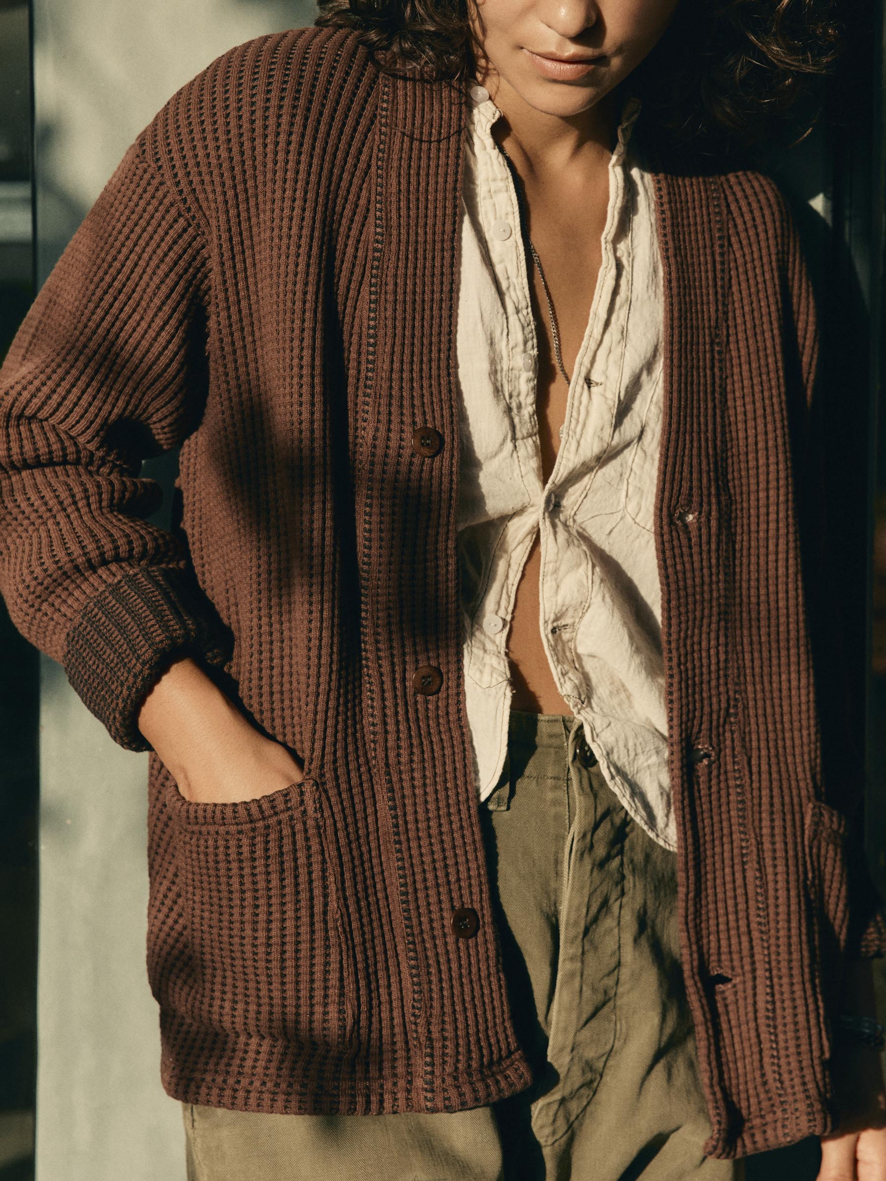 knit waffle cardigan in brown – imogene + willie