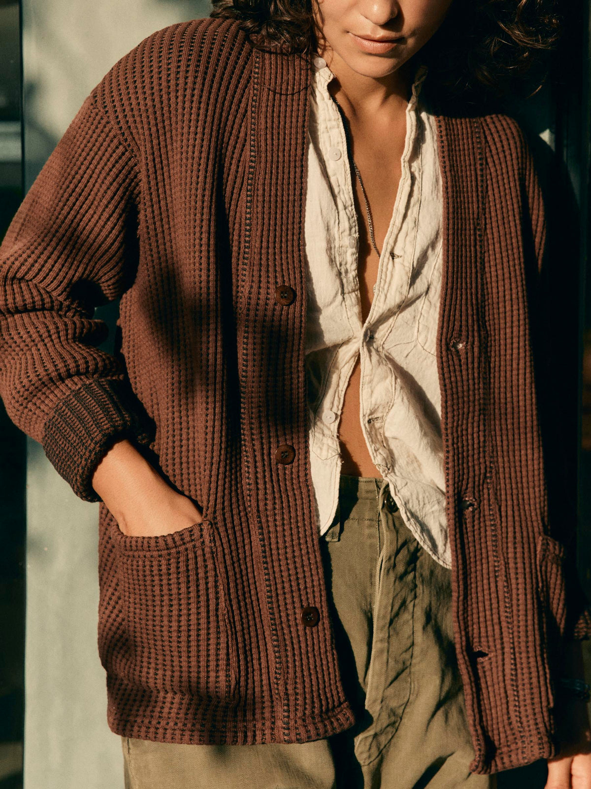 knit waffle cardigan in brown