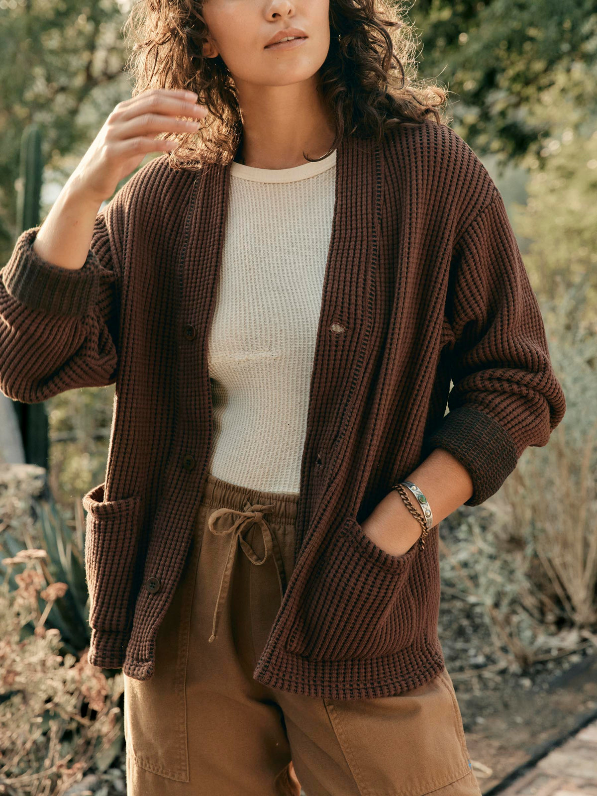 knit waffle cardigan in brown