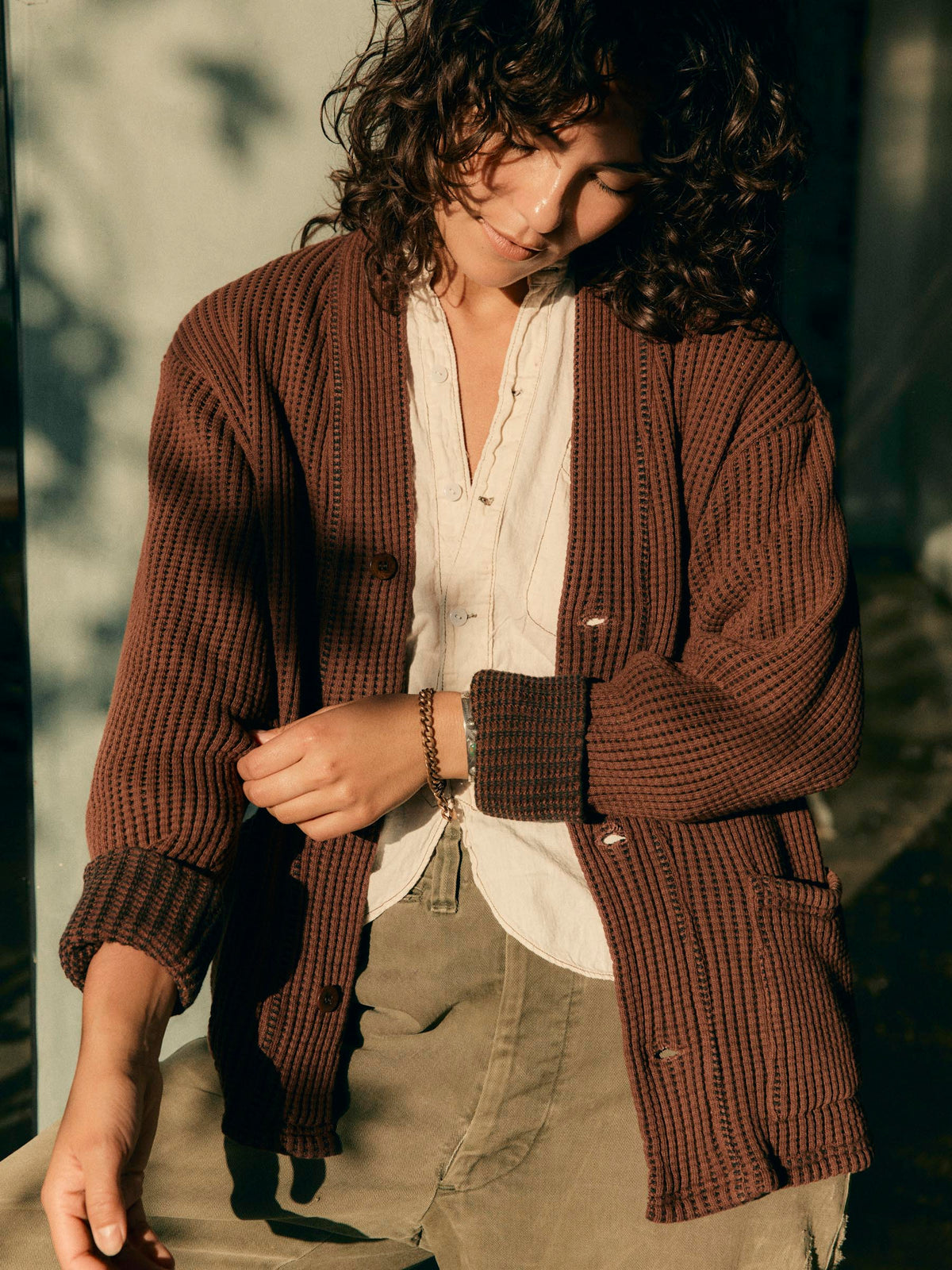 knit waffle cardigan in brown