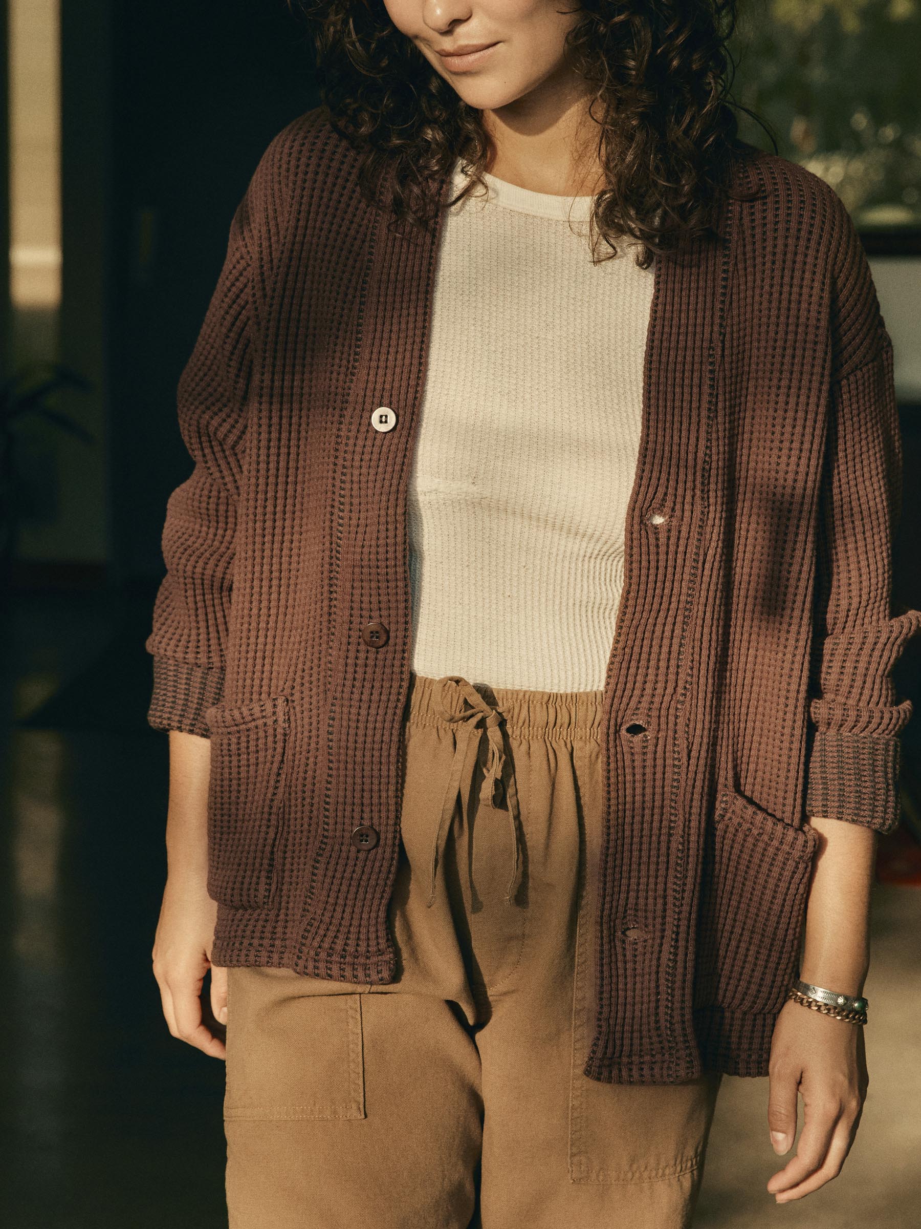 knit waffle cardigan in brown – imogene + willie
