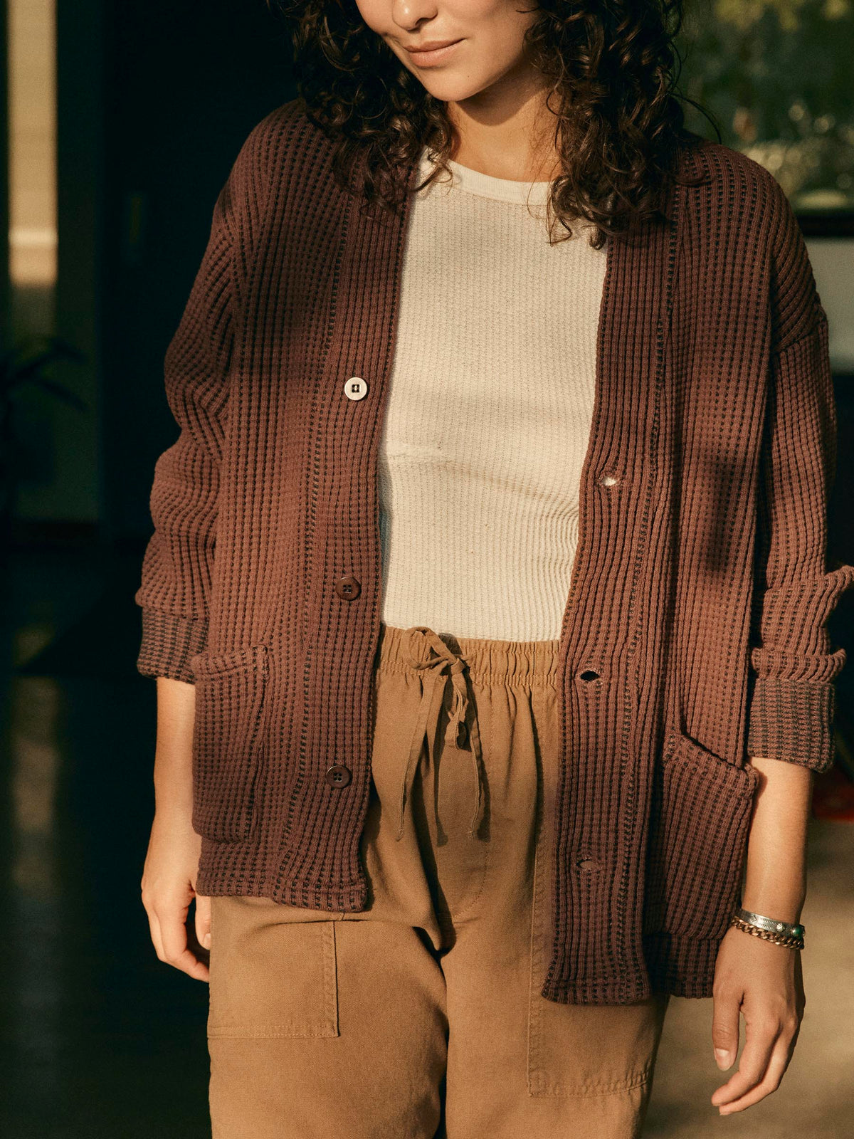 knit waffle cardigan in brown