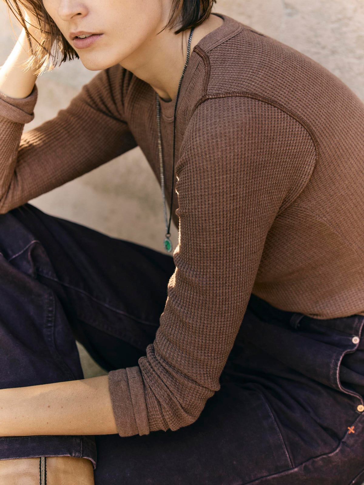 long sleeve waffle thermal in brown