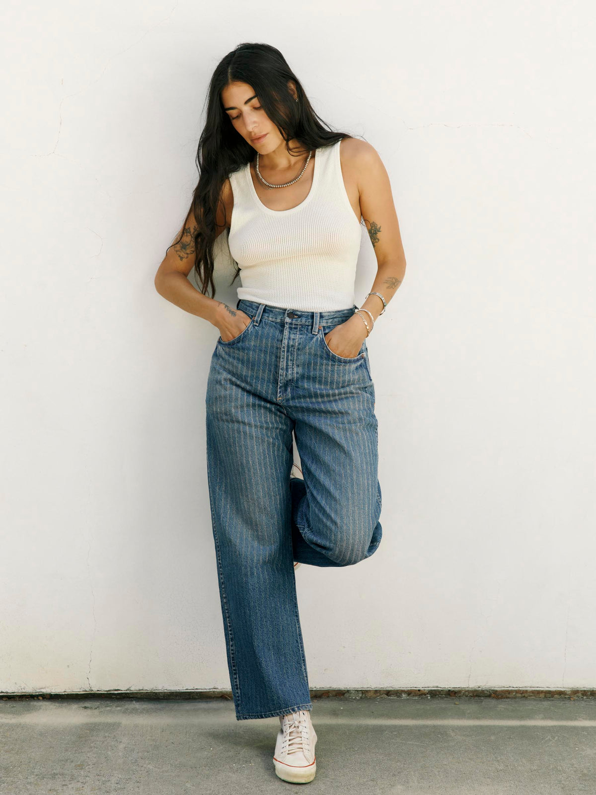 buckleback jean in washed indigo stripe