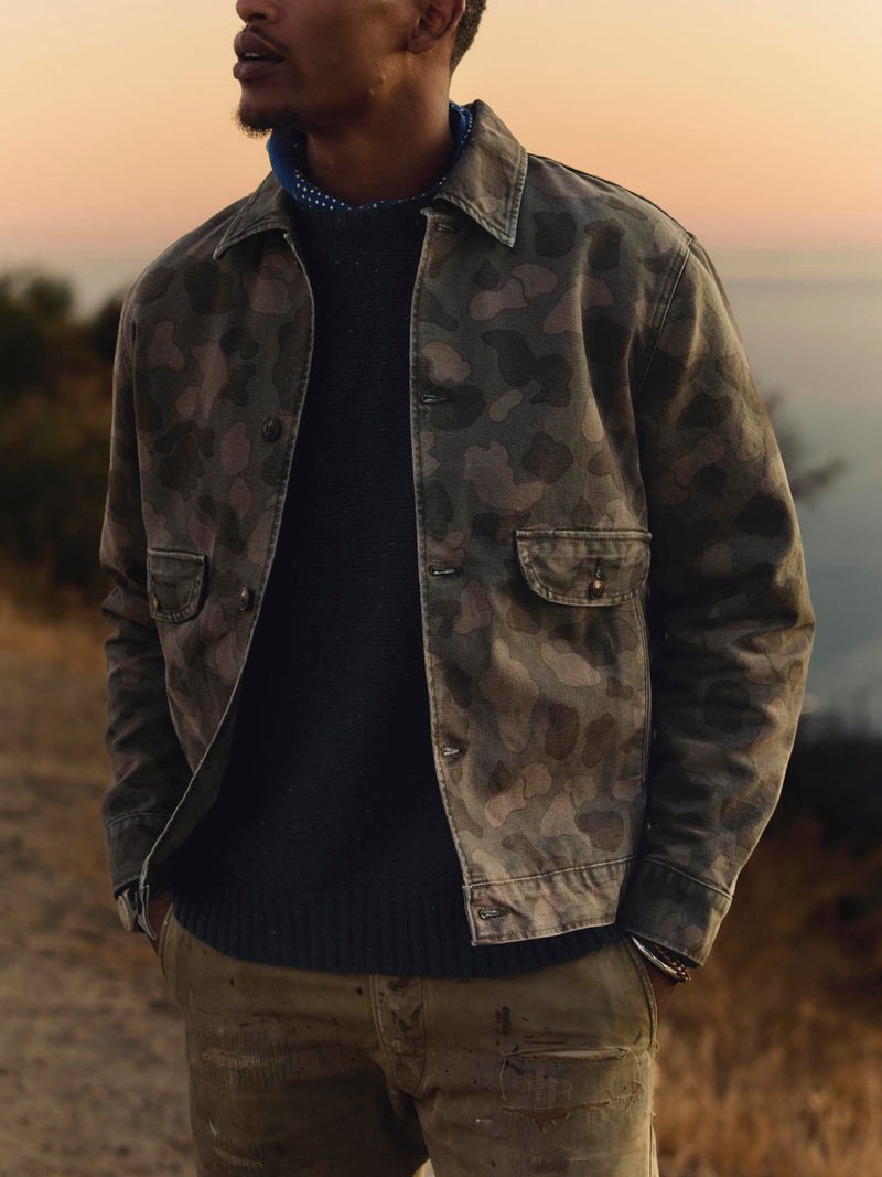 quilt lined canvas chore coat in camo - Model