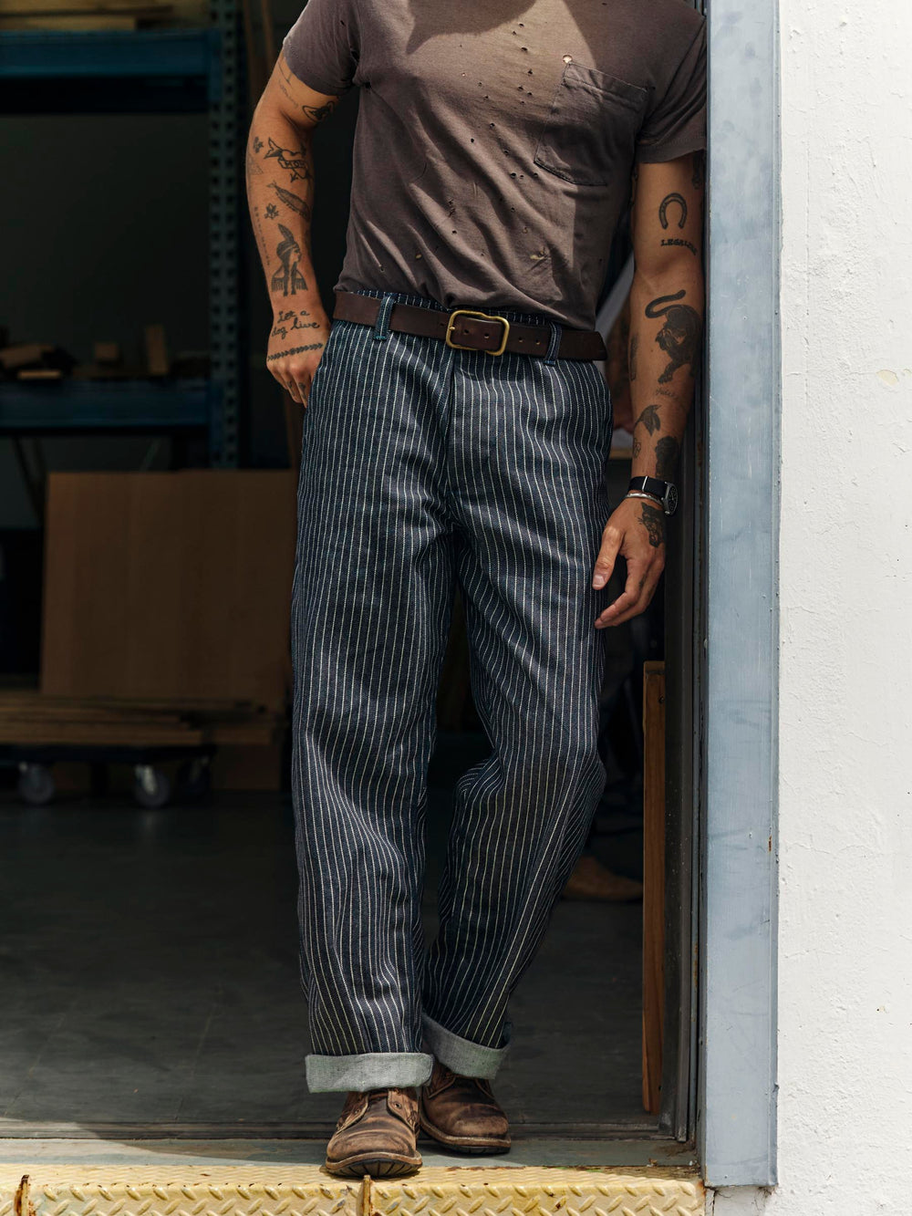 Black carpenter pant in striped rigid indigo