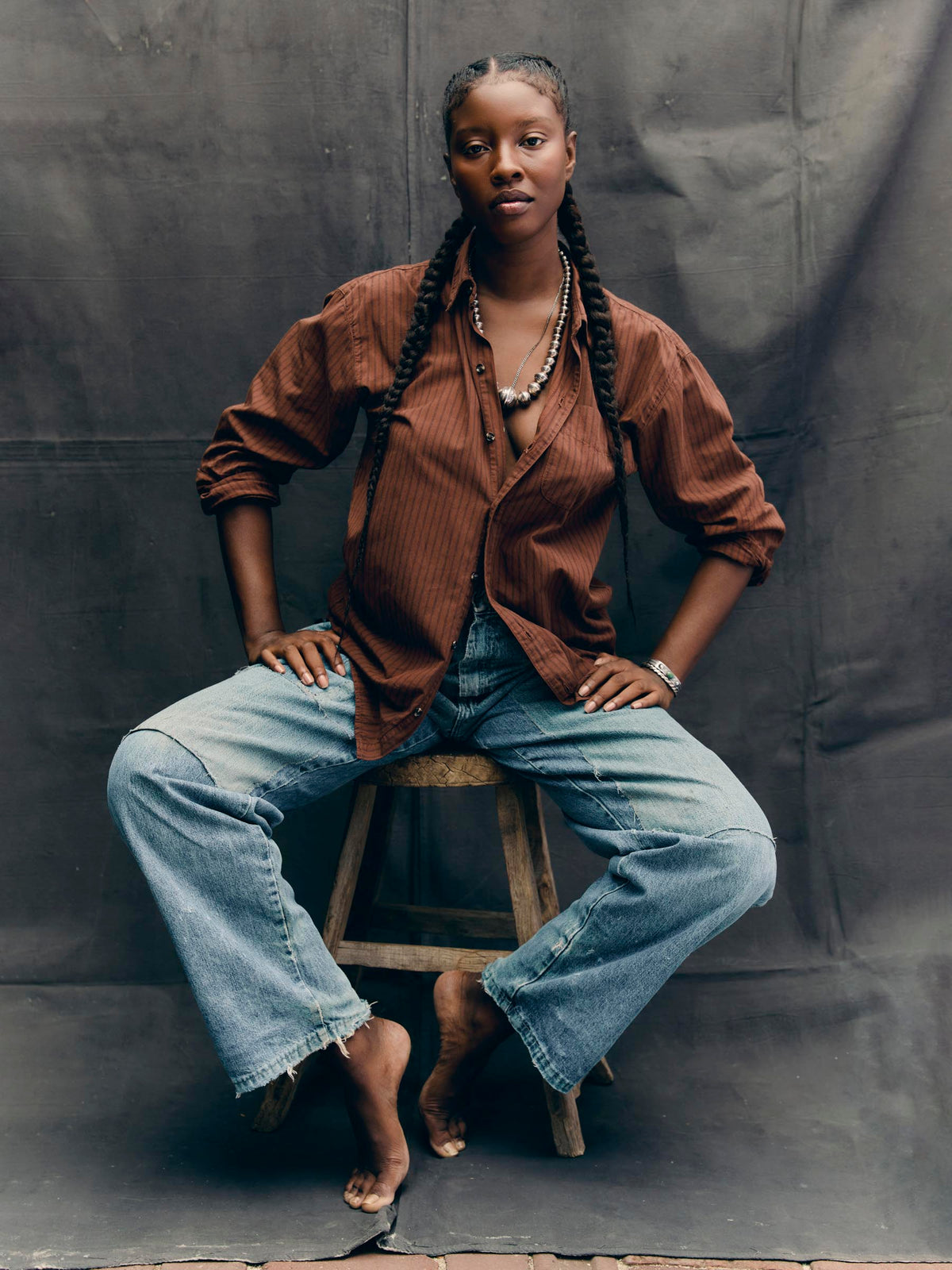 clyde brown striped cotton button up