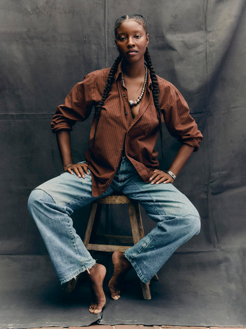 clyde brown striped cotton button up - Model