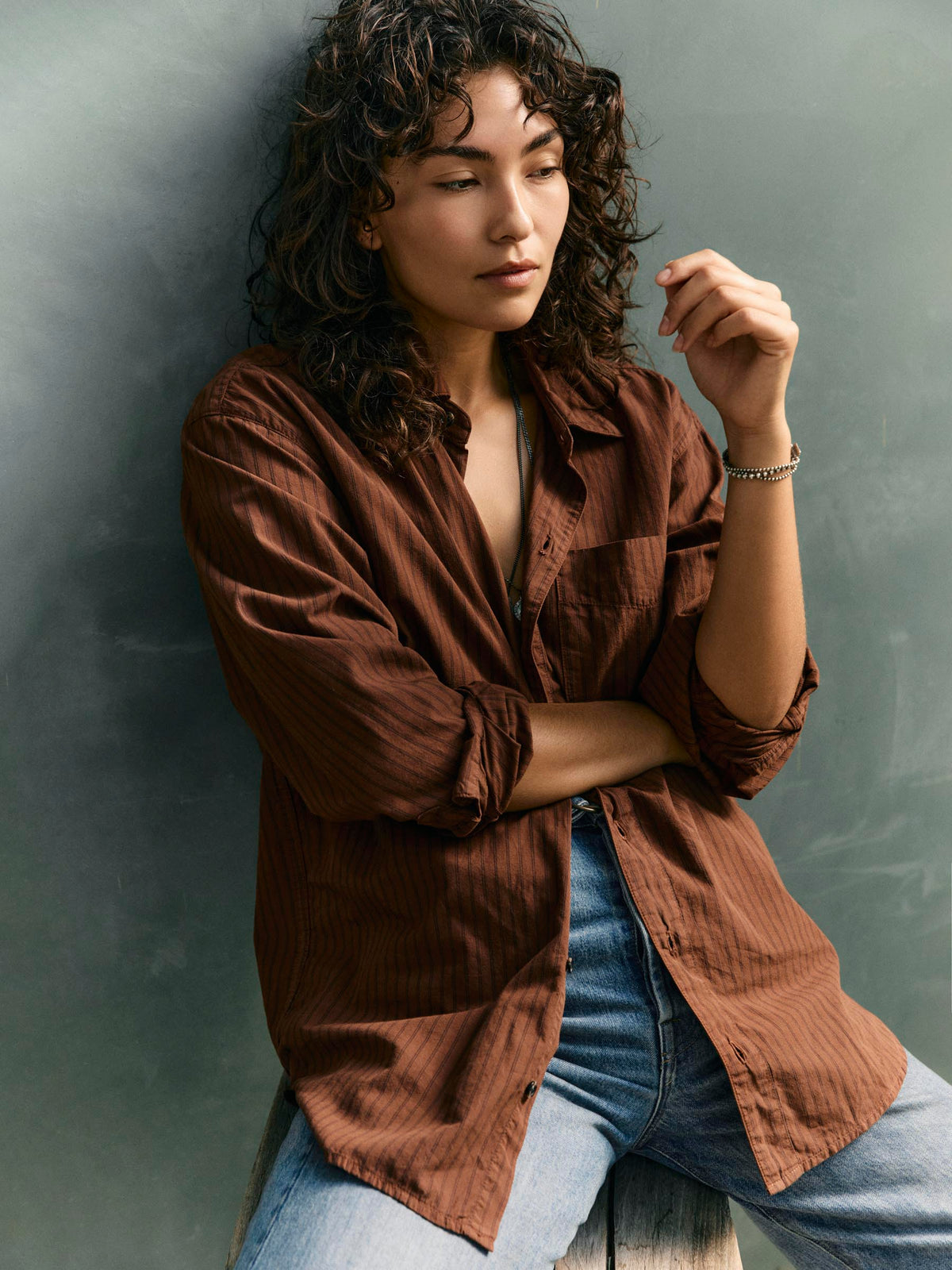 clyde brown striped cotton button up