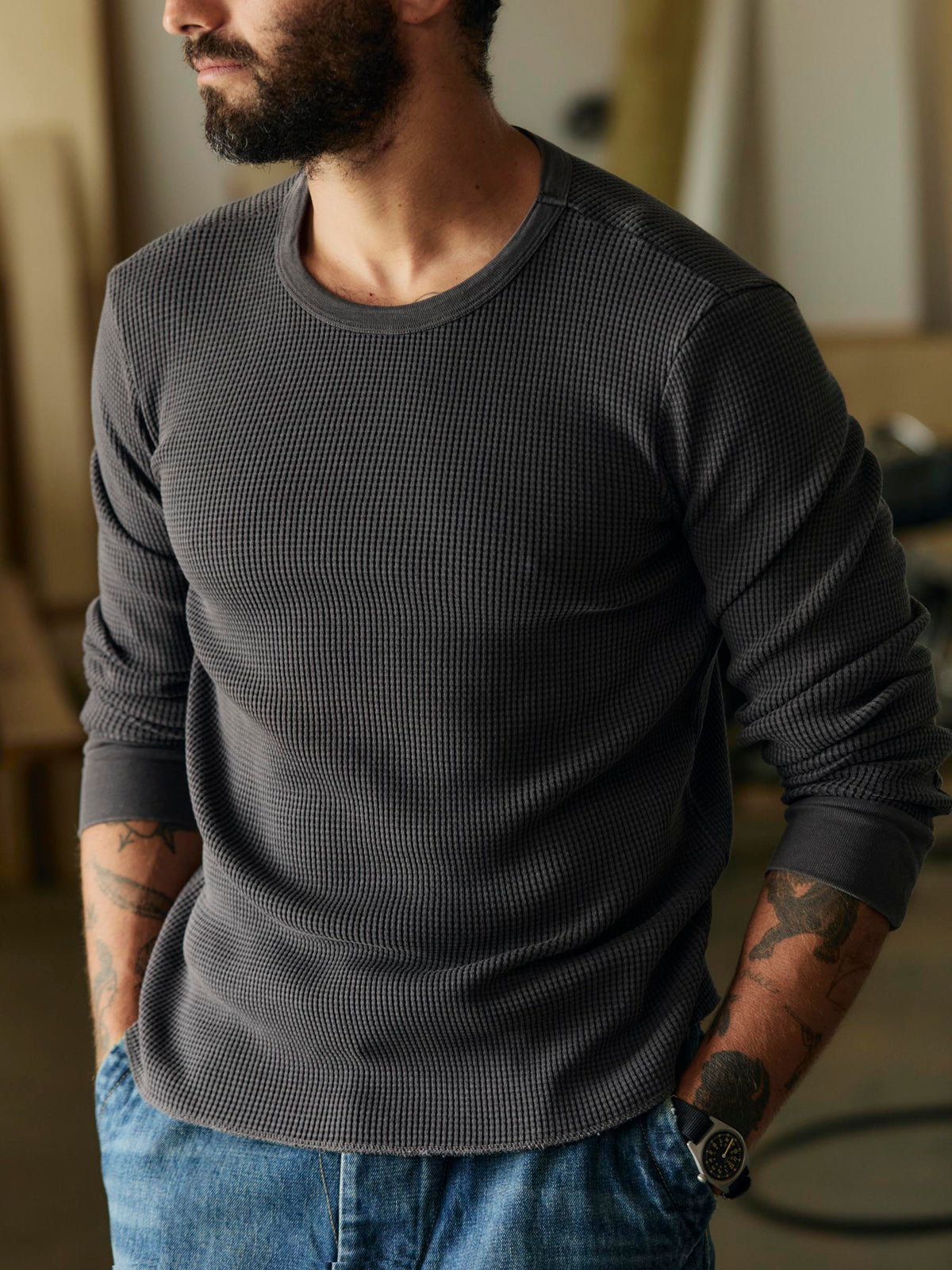 long sleeve thermal crew in sunfaded black