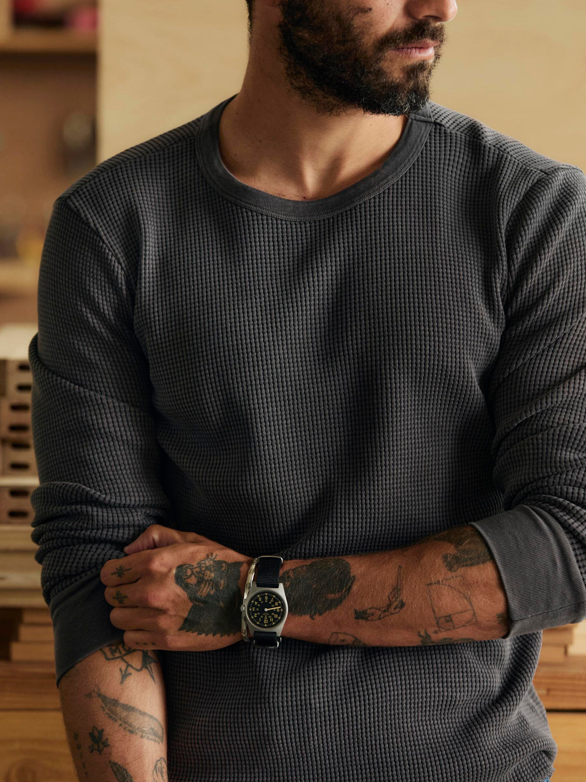 long sleeve thermal crew in sunfaded black