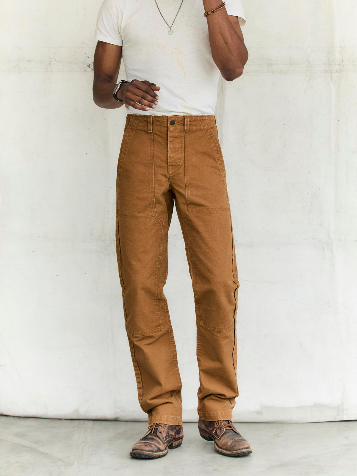 hencye washed canvas workpant in brown