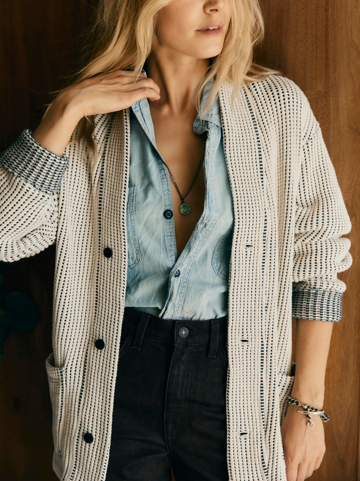 knit waffle cardigan in natural