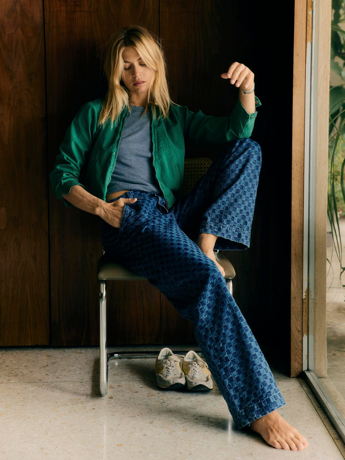 logan washed indigo check