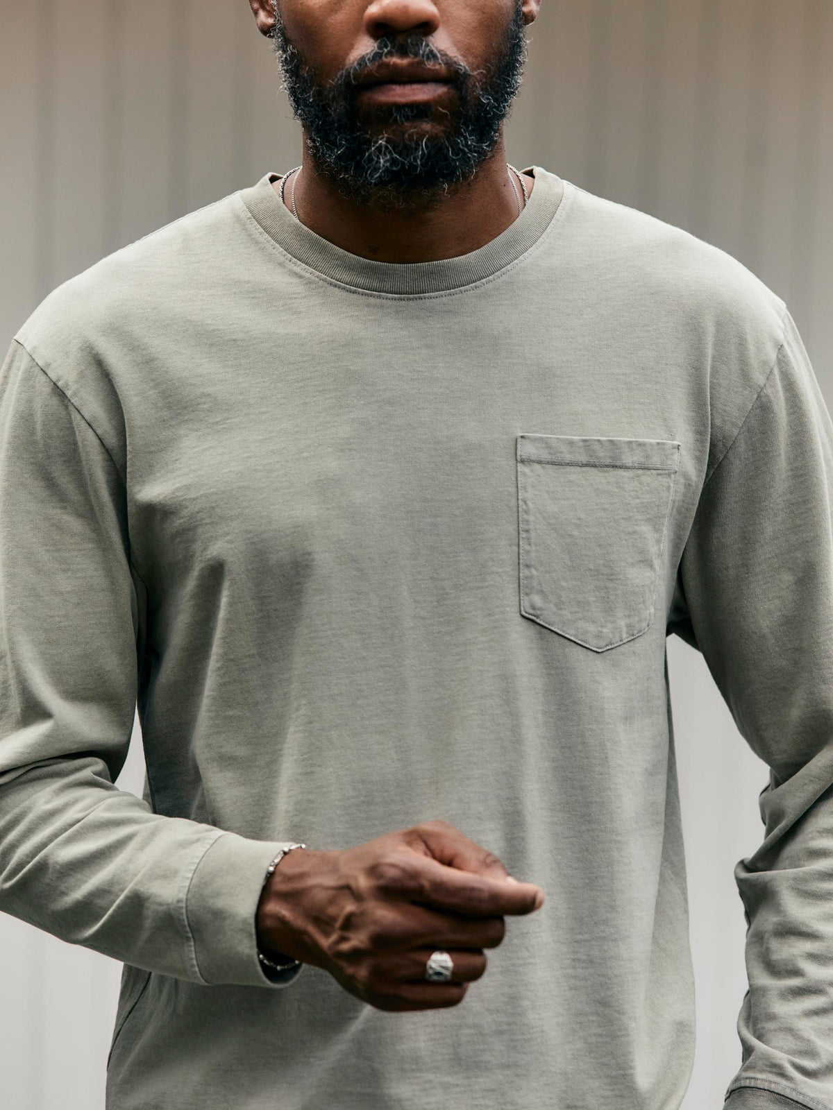 long sleeve pocket tee in stone