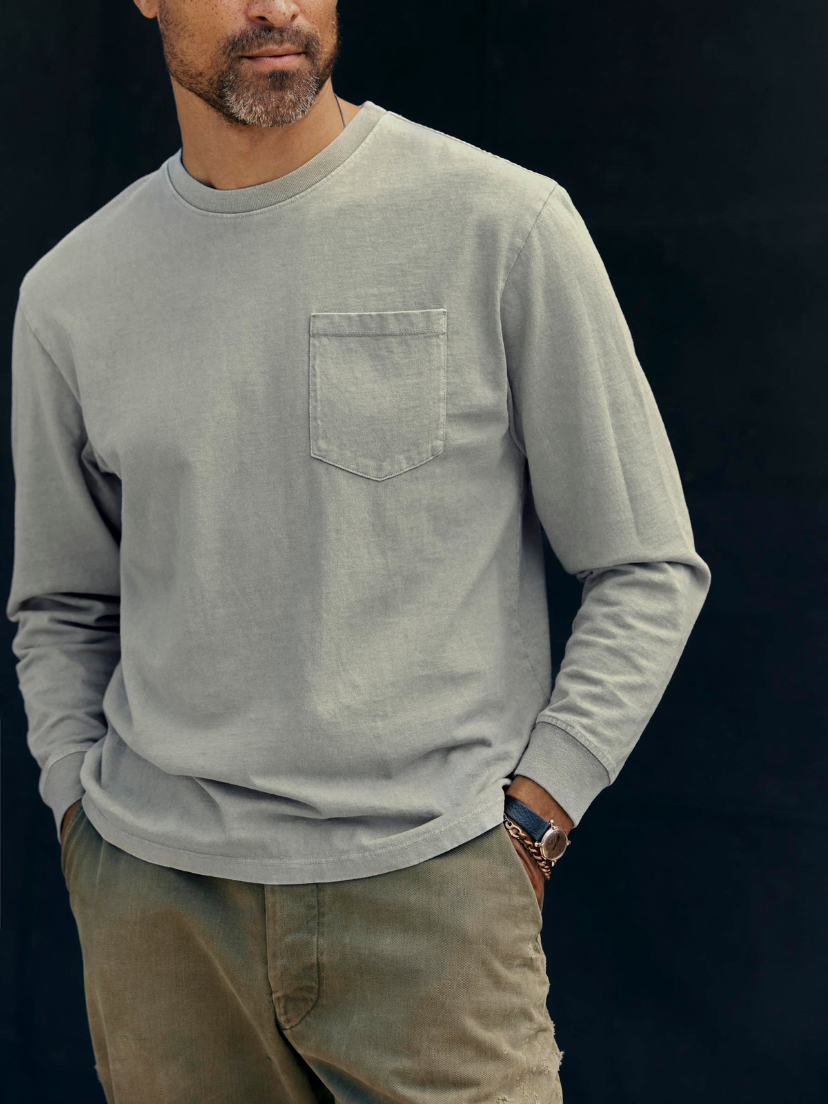 long sleeve pocket tee in stone