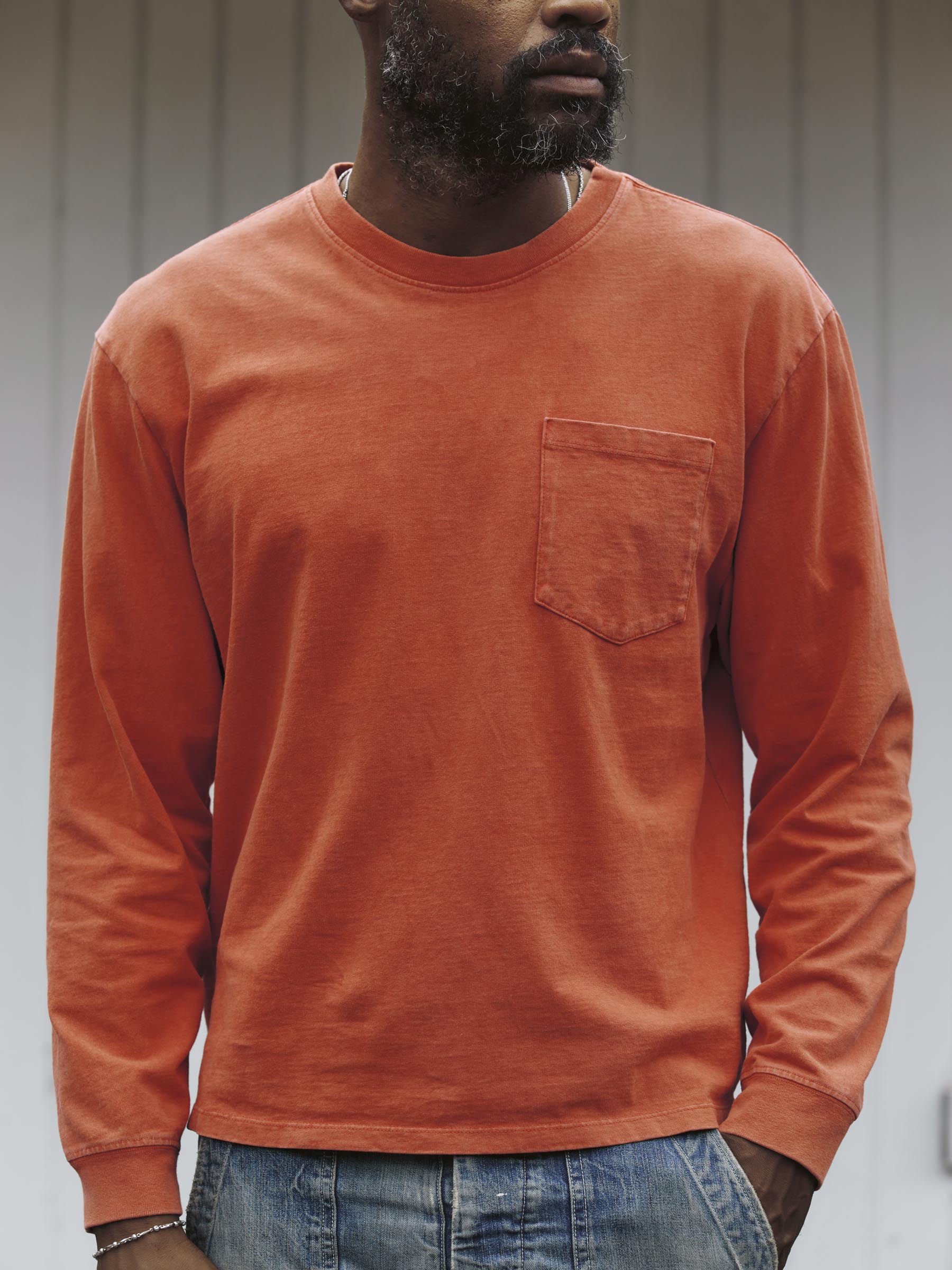 long sleeve pocket tee in faded orange – imogene + willie